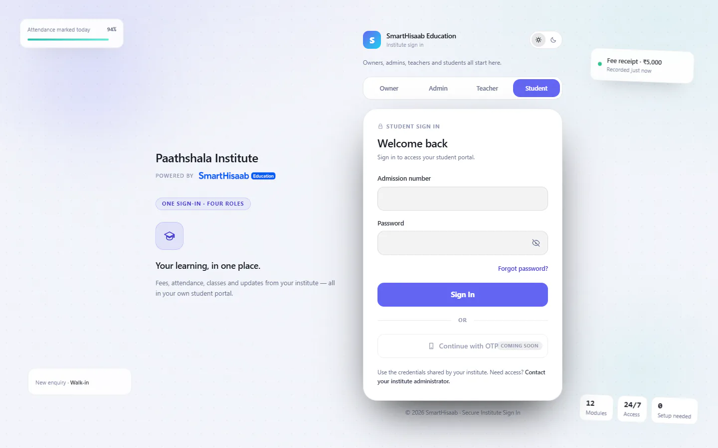 The light-mode unified login for the illustrative Paathshala Institute with Student selected
